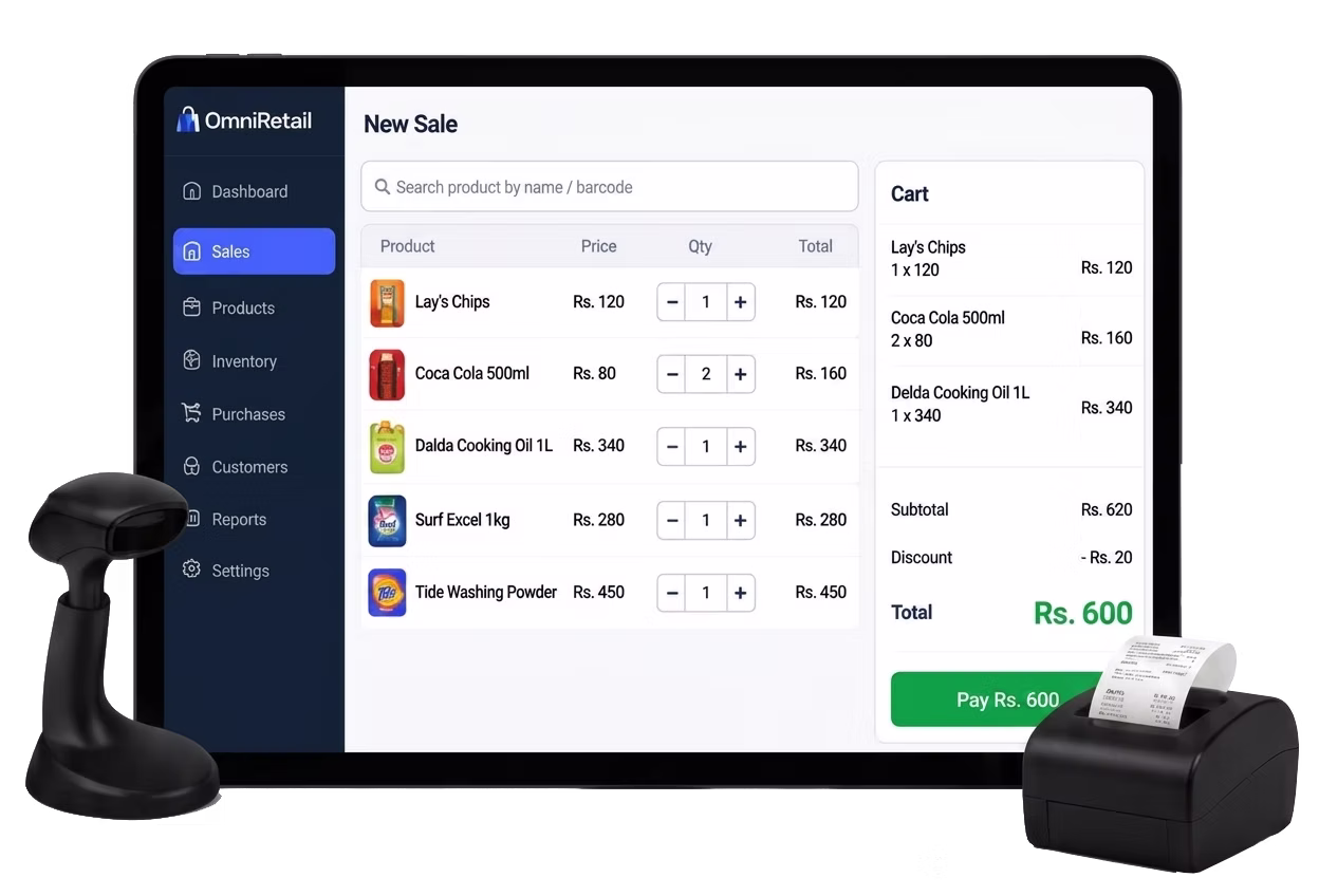 OmniRetail POS system with billing screen, barcode scanner, and receipt printer